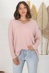 Mayanna Jumper - Light Weight V Neck Knit Jumper with Side Splits in Rose