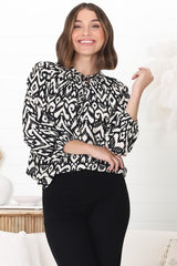 Silvie Blouse - Mandarin Collar V Neck Pull Over Blouse in Dayah Print Black