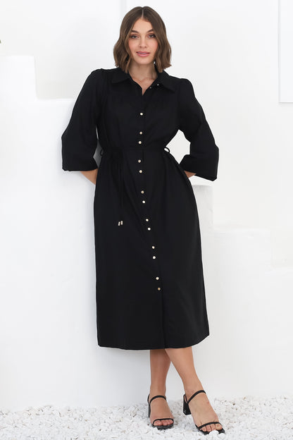 Waverly Midi Dress - Linen Button Down Dress in Black