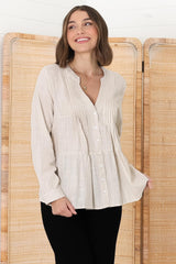 Marjorye Linen Blouse - Pleating Bodice Details Blouse With Long Sleeves In Oat