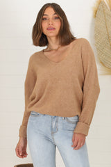 Carol Knit Top - Soft V Neck Batwing Sleeve Knit Top in Mocha