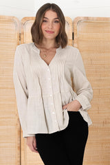 Marjorye Linen Blouse - Pleating Bodice Details Blouse With Long Sleeves In Oat