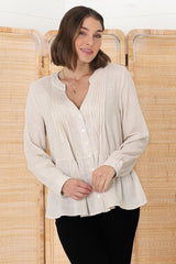 Marjorye Linen Blouse - Pleating Bodice Details Blouse With Long Sleeves In Oat