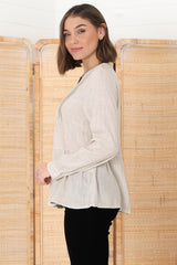 Marjorye Linen Blouse - Pleating Bodice Details Blouse With Long Sleeves In Oat