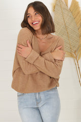 Carol Knit Top - Soft V Neck Batwing Sleeve Knit Top in Mocha