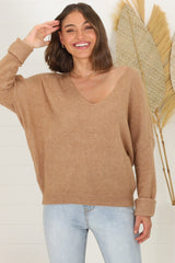 Carol Knit Top - Soft V Neck Batwing Sleeve Knit Top in Mocha