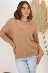 Carol Knit Top - Soft V Neck Batwing Sleeve Knit Top in Mocha