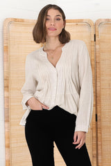 Marjorye Linen Blouse - Pleating Bodice Details Blouse With Long Sleeves In Oat