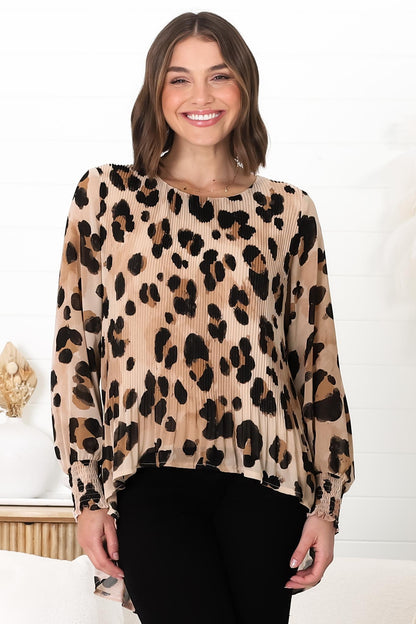 Kayt Blouse - Plisse Long Sleeve Top with High-Low Hemline in Tibbi Print