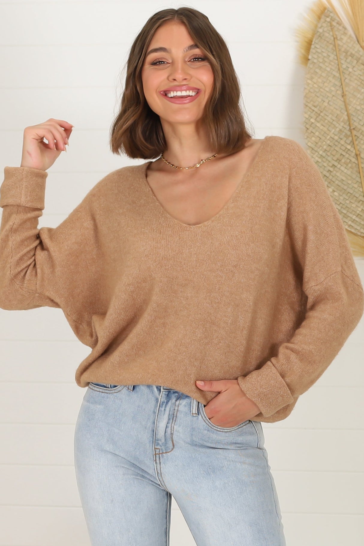 Carol Knit Top - Soft V Neck Batwing Sleeve Knit Top in Mocha