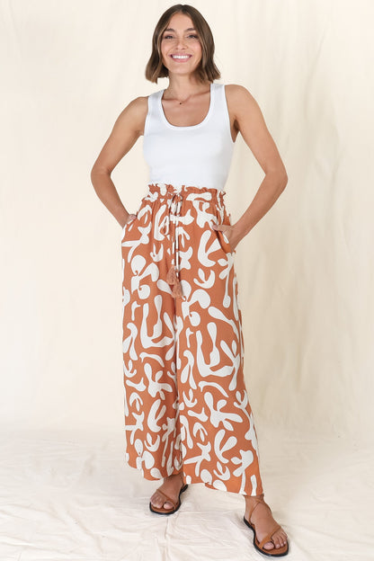 Jaxie Pants - Elasticated Paperpag Waist with Drawstring Wide Leg Pants with Pockets in Rust