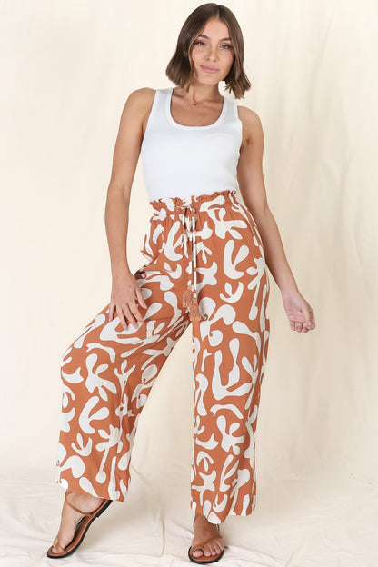 Jaxie Pants - Elasticated Paperpag Waist with Drawstring Wide Leg Pants with Pockets in Rust