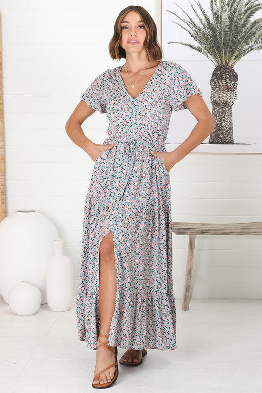 Kayte Maxi Dress - Button Through A Line Dress With Waist Tie In Floral Print