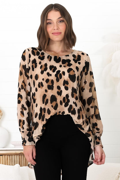 Kayt Blouse - Plisse Long Sleeve Top with High-Low Hemline in Tibbi Print