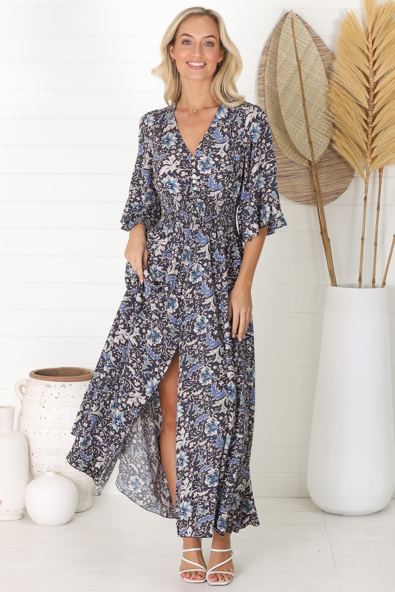 Alba Maxi Dress - Buttoned Bodie A Line Dress With Flute Sleeves In Lyra Print