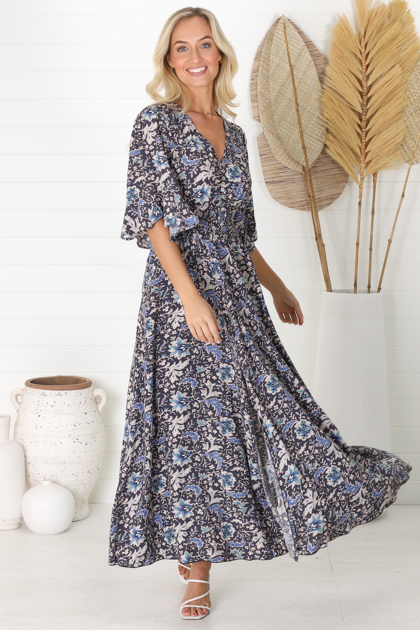 Alba Maxi Dress - Buttoned Bodie A Line Dress With Flute Sleeves In Lyra Print