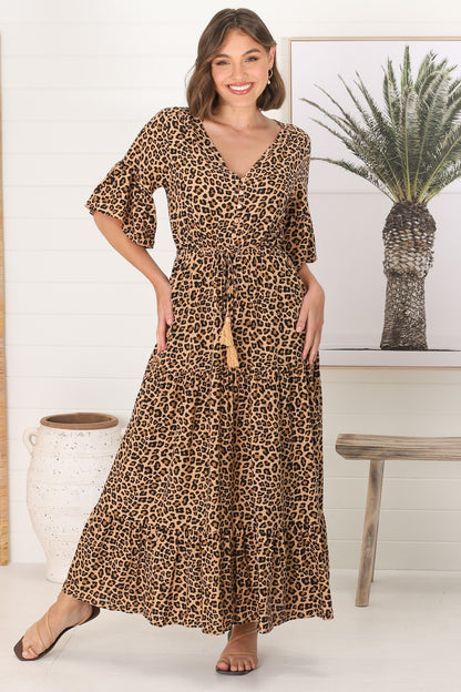 Rae Maxi Dress - Buttoned Bodice Pull Waist A Line Dress in Cecelia Print