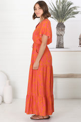 Havanah Maxi Dress - Button Through A Line Dress With Waist Tie In Orange