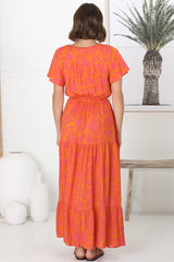 Havanah Maxi Dress - Button Through A Line Dress With Waist Tie In Orange