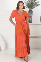 Havanah Maxi Dress - Button Through A Line Dress With Waist Tie In Orange