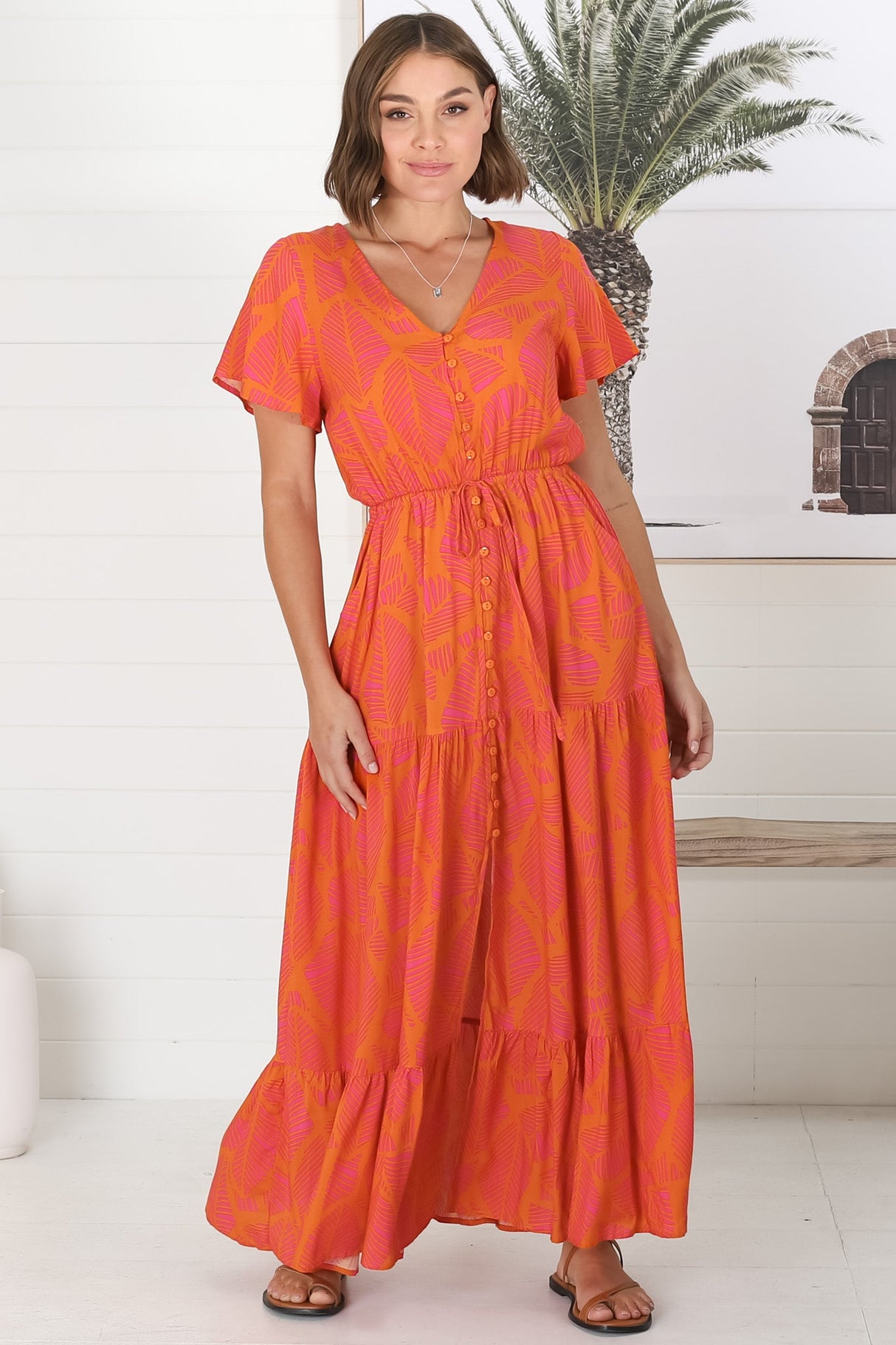 Havanah Maxi Dress - Button Through A Line Dress With Waist Tie In Orange