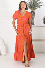 Havanah Maxi Dress - Button Through A Line Dress With Waist Tie In Orange