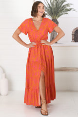 Havanah Maxi Dress - Button Through A Line Dress With Waist Tie In Orange