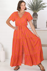 Havanah Maxi Dress - Button Through A Line Dress With Waist Tie In Orange