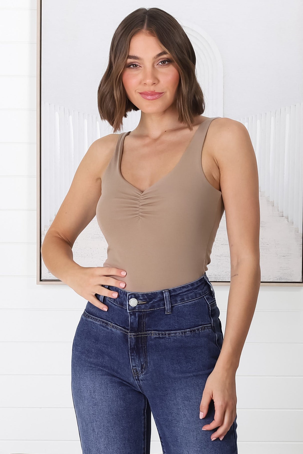 Chicago Singlet - Gathered Bust V Neck Top in Mocha