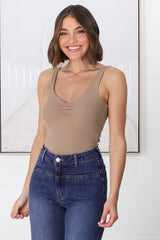 Chicago Singlet - Gathered Bust V Neck Top in Mocha