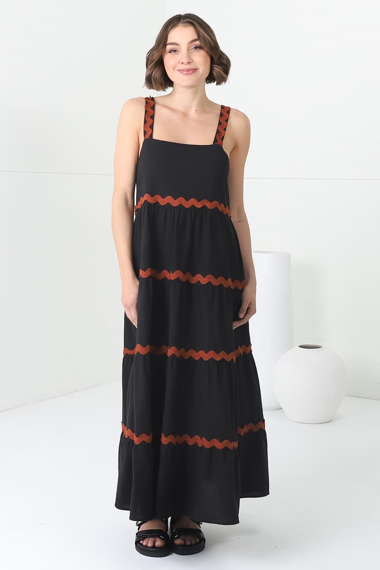 Bailie Maxi Dress - Rick Rack Detailed Sun Dress with Pockets in Black