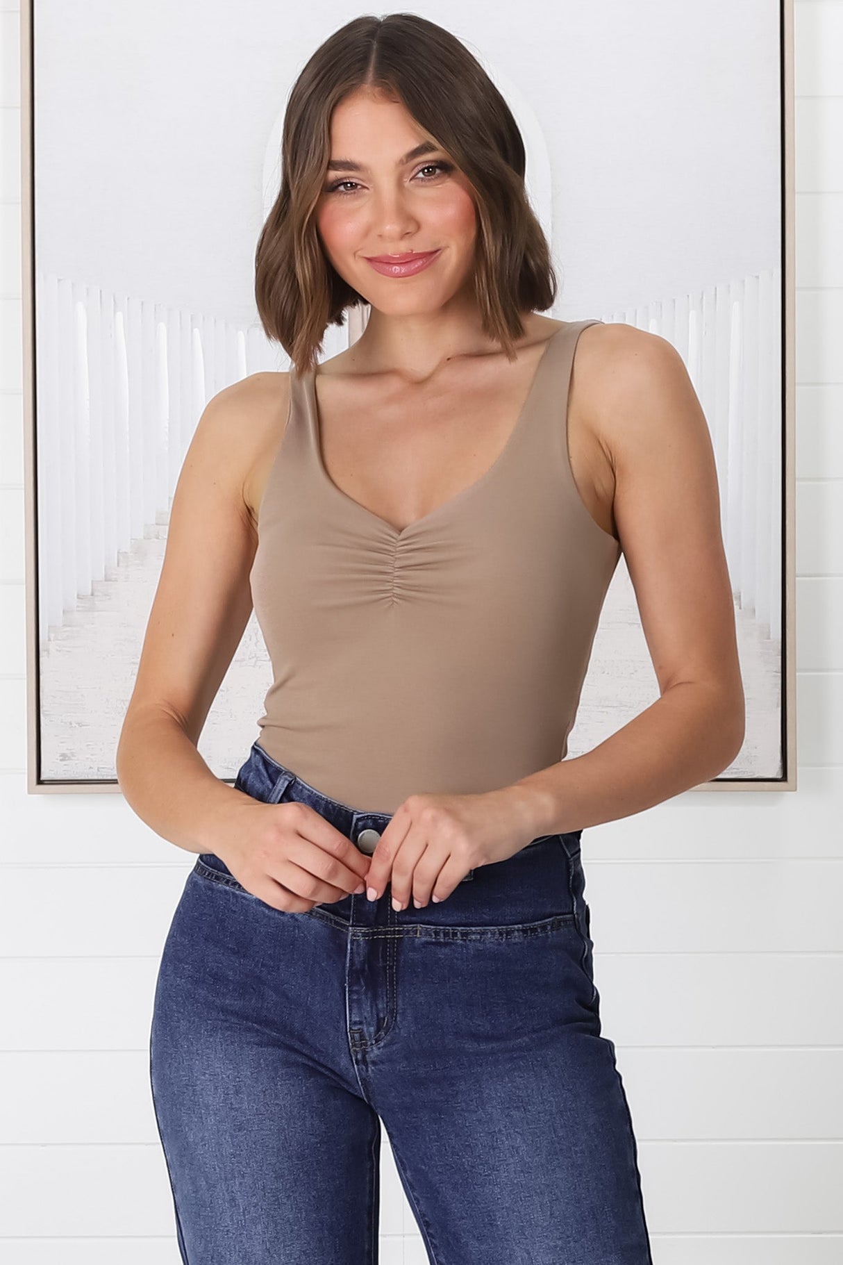 Chicago Singlet - Gathered Bust V Neck Top in Mocha