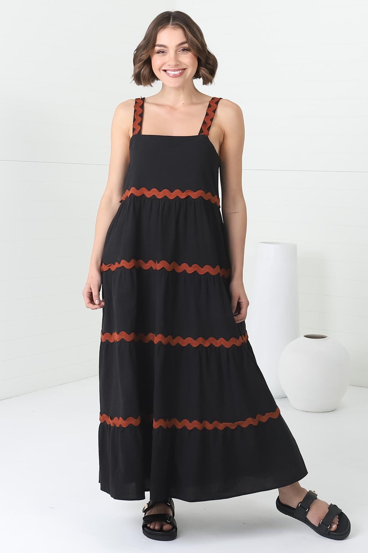 Bailie Maxi Dress - Rick Rack Detailed Sun Dress with Pockets in Black