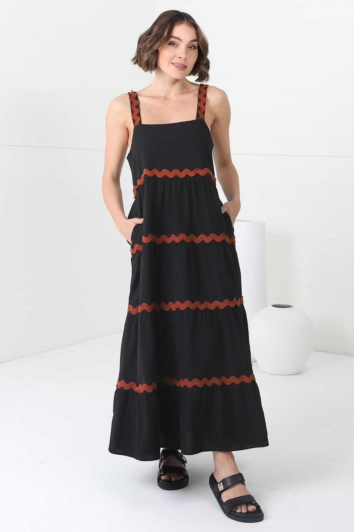 Bailie Maxi Dress - Rick Rack Detailed Sun Dress with Pockets in Black