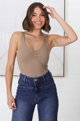 Chicago Singlet - Gathered Bust V Neck Top in Mocha