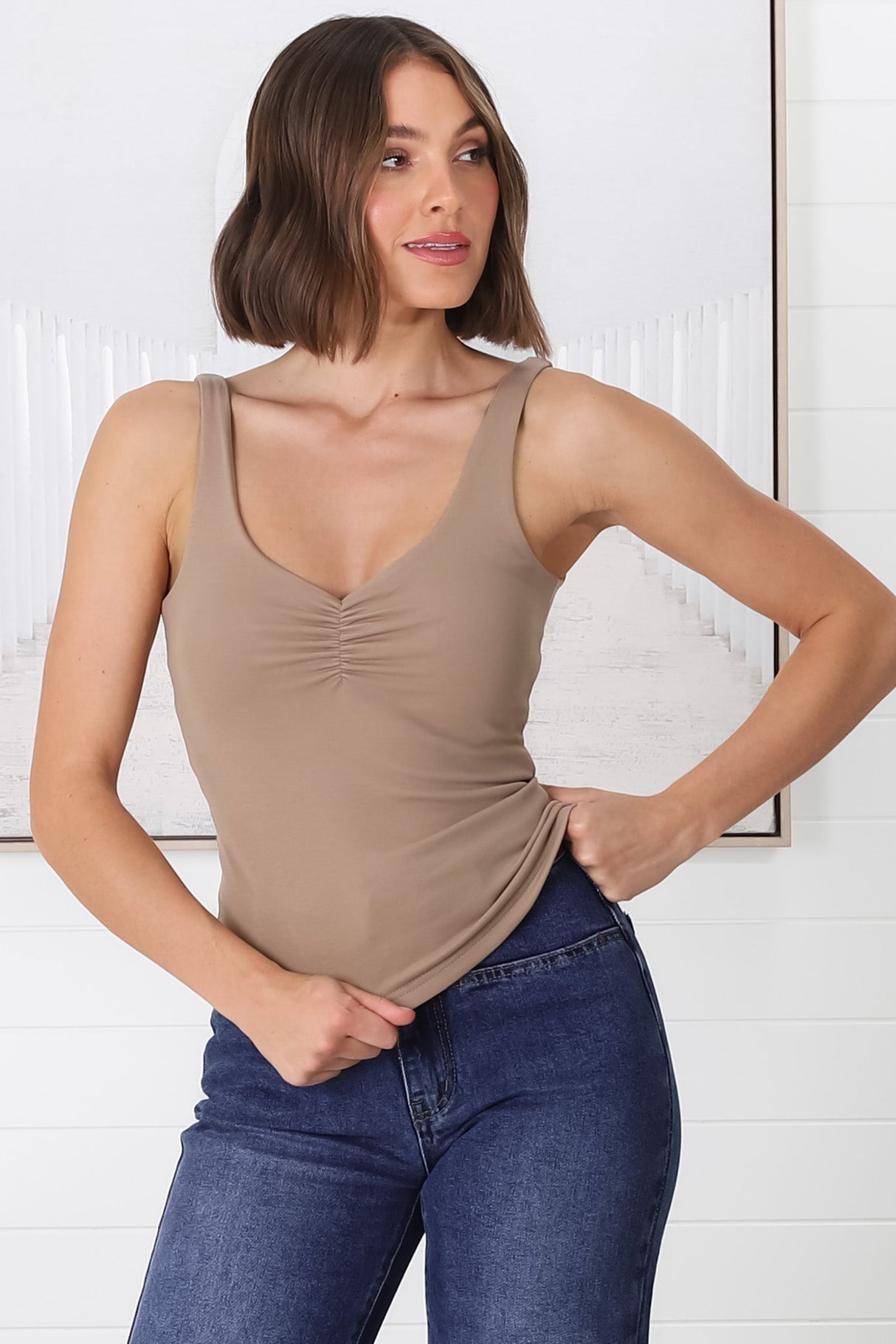 Chicago Singlet - Gathered Bust V Neck Top in Mocha