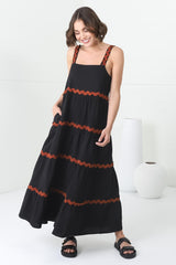 Bailie Maxi Dress - Rick Rack Detailed Sun Dress with Pockets in Black