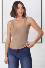 Chicago Singlet - Gathered Bust V Neck Top in Mocha