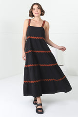 Bailie Maxi Dress - Rick Rack Detailed Sun Dress with Pockets in Black