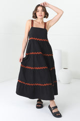 Bailie Maxi Dress - Rick Rack Detailed Sun Dress with Pockets in Black