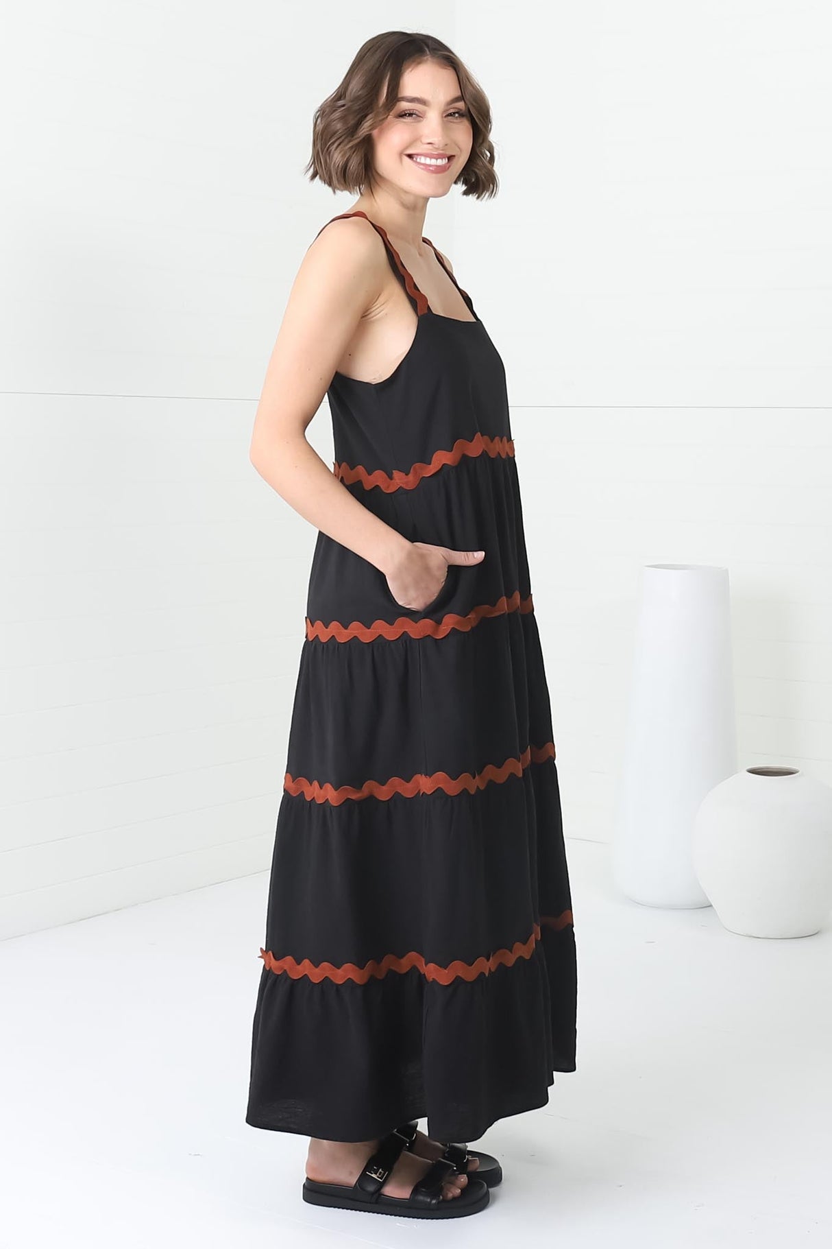 Bailie Maxi Dress - Rick Rack Detailed Sun Dress with Pockets in Black