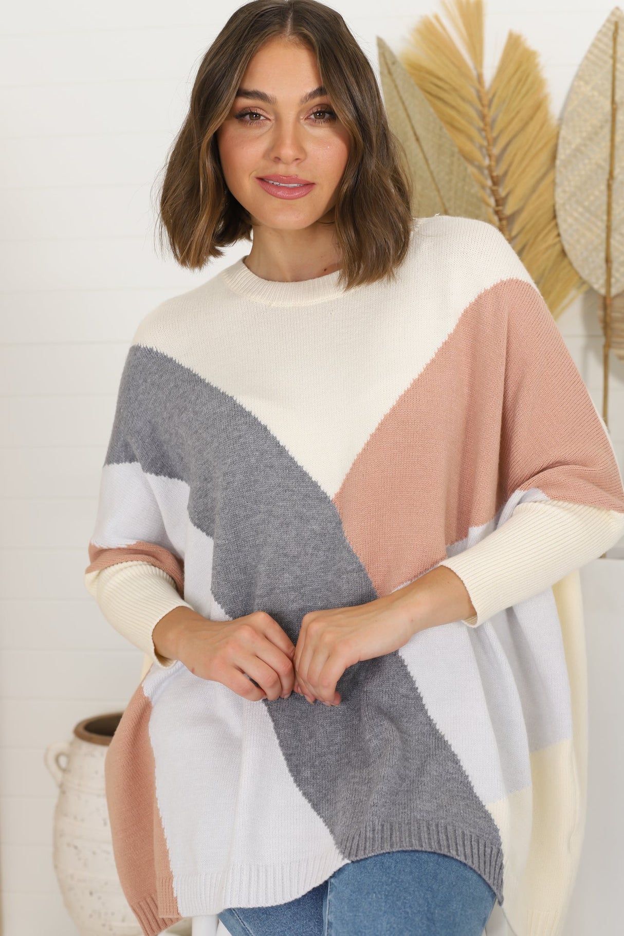 Reed Jumper - Colour Block Batwing Long Sleeve Knit in Cream