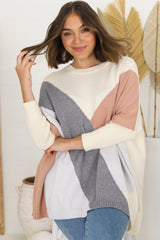 Reed Jumper - Colour Block Batwing Long Sleeve Knit in Cream