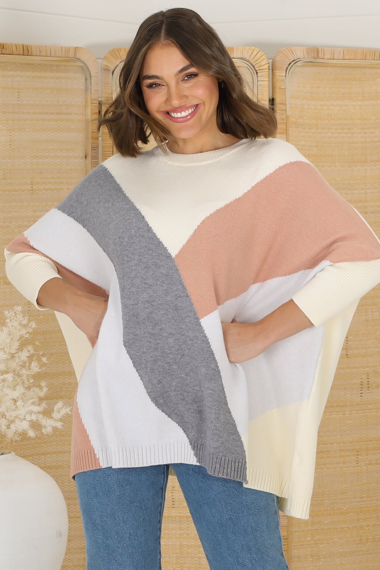 Reed Jumper - Colour Block Batwing Long Sleeve Knit in Cream