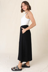 Murphy Midi Skirt - High Waisted Button Decal A-Line Skirt in Black