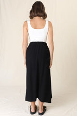 Murphy Midi Skirt - High Waisted Button Decal A-Line Skirt in Black