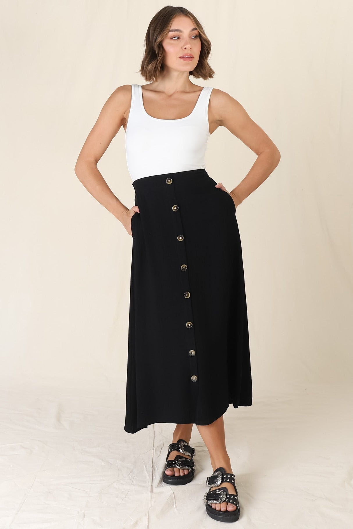 Murphy Midi Skirt - High Waisted Button Decal A-Line Skirt in Black