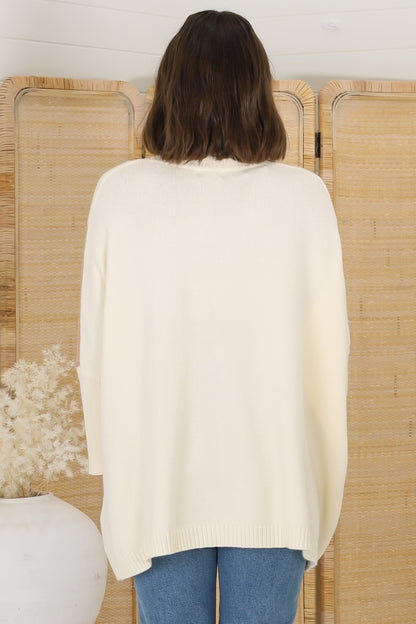 Reed Jumper - Colour Block Batwing Long Sleeve Knit in Cream