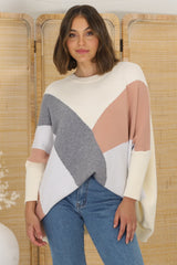 Reed Jumper - Colour Block Batwing Long Sleeve Knit in Cream