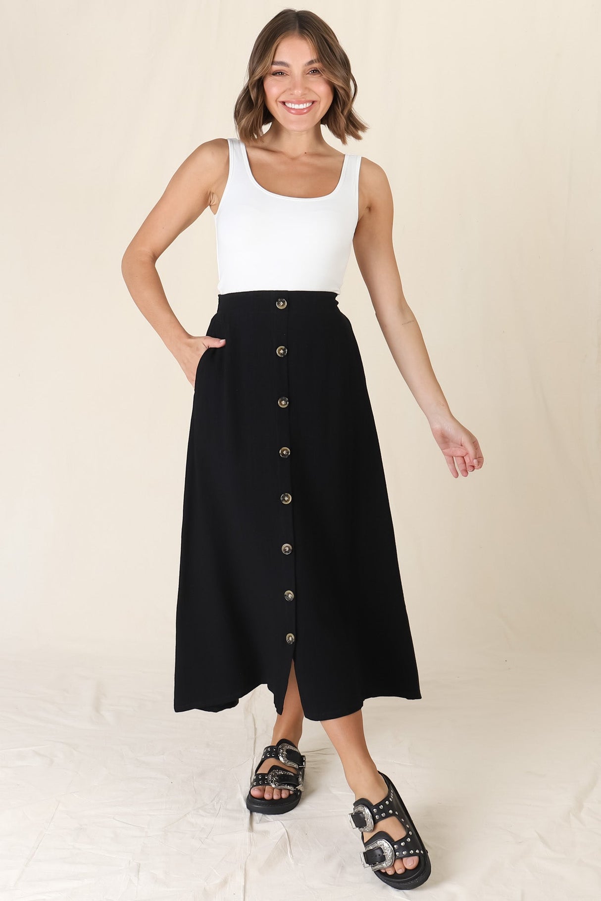Murphy Midi Skirt - High Waisted Button Decal A-Line Skirt in Black